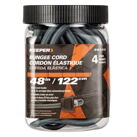 Keeper 06323 Bungee Cord, Polypropylene End, 48 in L, Rubber, Gray, Hook End, 4/PK