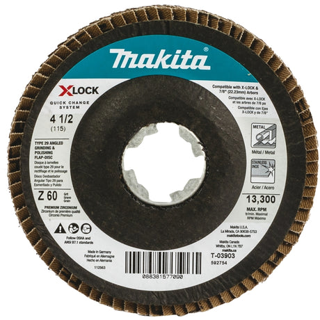 Makita X-LOCK T-03903 Grinding and Polishing Flap Disc, 4-1/2 in Dia, 7/8 in Arbor, 60 Grit, Coarse