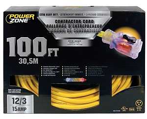 PowerZone ORP511835 Contractor Cord, 12 AWG Cable, 100 ft L, 15 A, 125 V, Yellow