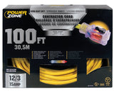 PowerZone ORP511835 Contractor Cord, 12 AWG Cable, 100 ft L, 15 A, 125 V, Yellow