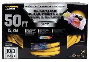 PowerZone ORP511930 Contractor Cord, 10 AWG Cable, 50 ft L, 15 A, 125 V, Yellow