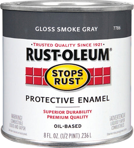 Stops Rust 7786730 Enamel Paint, Oil Base, Gloss Sheen, Smoke Gray, 0.5 pt, Can, 50 to 90 sq-ft/qt Coverage Area