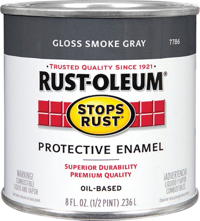 Stops Rust 7786730 Enamel Paint, Oil Base, Gloss Sheen, Smoke Gray, 0.5 pt, Can, 50 to 90 sq-ft/qt Coverage Area