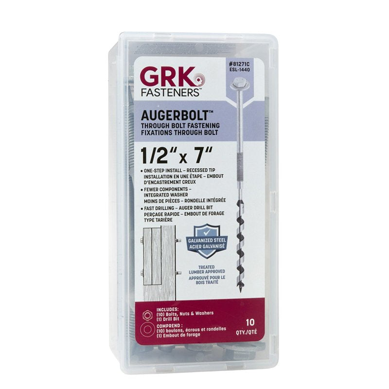 GRK Fasteners AugerBolt Series 81271C Through Bolt Fastener, Coarse Thread, 7 in OAL, Carbon Steel, Galvanized