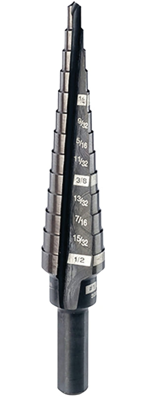 Milwaukee 48-89-9201 Step Drill Bit, 1/8 to 1/2 in Dia, 3-7/64 in OAL, 2-Flute, 1/4 in Dia Shank, Flat Shank