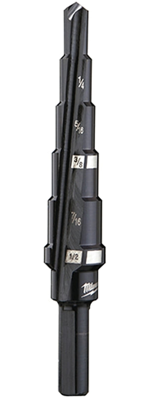 Milwaukee 48-89-9202 Step Drill Bit, 3/16 to 1/2 in Dia, 3-5/64 in OAL, 2-Flute, 1/4 in Dia Shank, Flat Shank