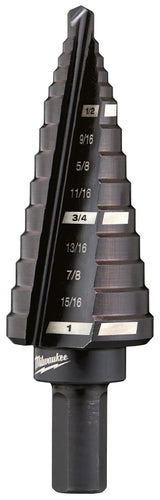 Milwaukee 48-89-9208 #8 Step Drill Bit, 1/2 to 1 in Dia, 3-17/64 in OAL, Straight Flute, 2-Flute, 3/8 in Dia Shank