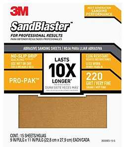 3M SandBlaster Series 30220ES-15-G Wet/Dry Abrasive Sandpaper, 11 in L, 9 in W, 220 Grit, Very Fine