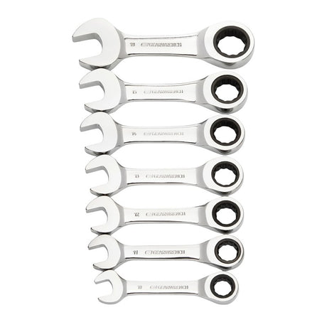 GearWrench 9520G Stubby Ratcheting Wrench Set, 7-Piece, Chrome Molybdenum Steel, Specifications: Metric Measurement Type