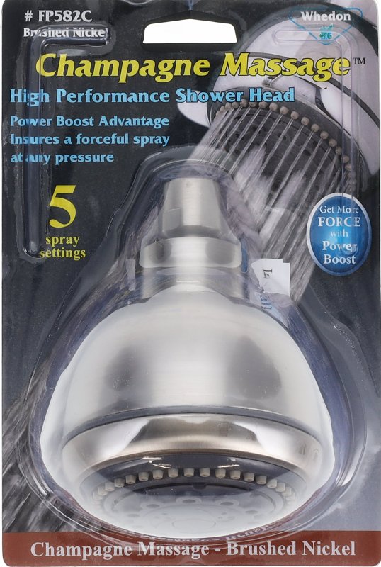 Whedon FP582C Showerhead, 2 gpm, 1/2 in Connection, 5 -Spray Function, Plastic, Brushed Nickel, 3-1/2 in L, 5.1 in W