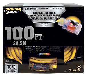 PowerZone ORP511935 Contractor Cord, 10 AWG Cable, 100 ft L, 15 A, 125 V, Yellow