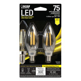 Feit Electric BPCTC75/827/LED/2 LED Bulb, Decorative, B10 Lamp, 75 W Equivalent, E12 Candelabra Lamp Base, Dimmable