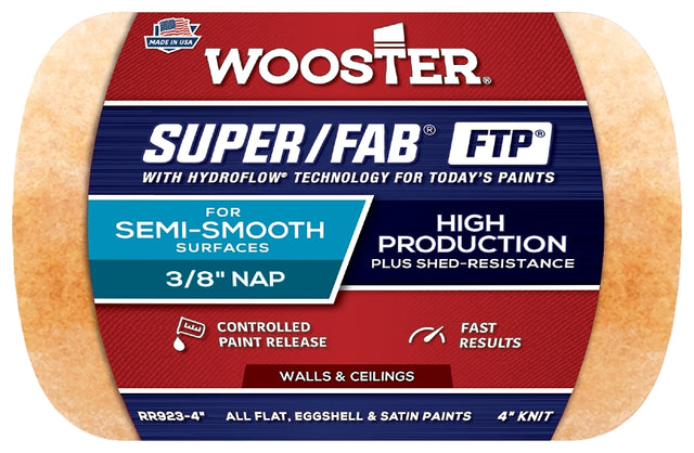 Wooster RR923-4 Roller Cover, 3/8 in Thick Nap, 4 in L, Fabric Cover, Lager