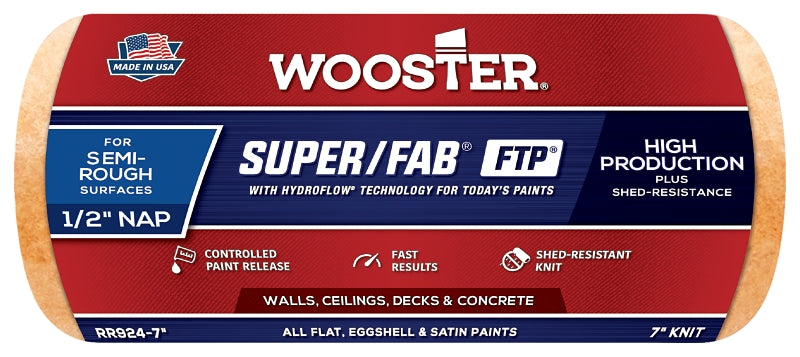 Wooster RR924-7 Roller Cover, 1/2 in Thick Nap, 7 in L, Knit Fabric Cover, Lager