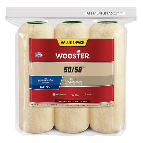 Wooster RR745-9 Roller Cover, 1/2 in Thick Nap, 9 in L, Lambswool/Polyester Cover, Cream