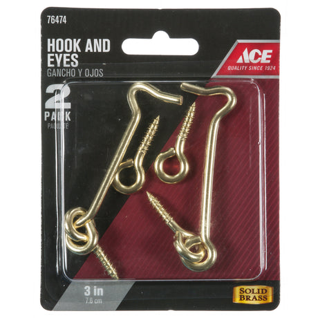 Ace Small Polished Brass Green Brass 3 in. L Hook and Eye 2 pk, Pack of 5