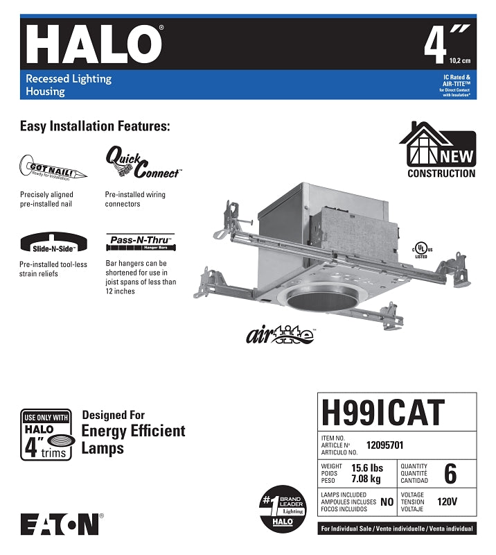 Halo H99ICAT Recessed Housing, 4 in Dia Recessed Can, Aluminum