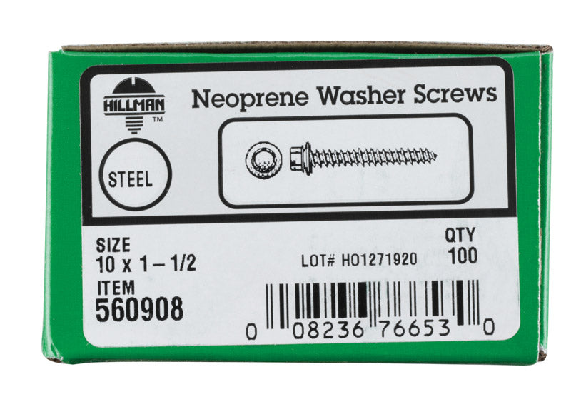HILLMAN No. 10 X 1-1/2 in. L Hex Hex Head Screws w/Washers 100 pk