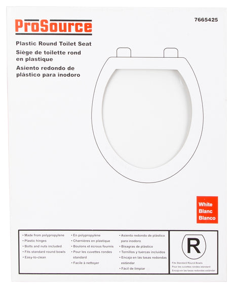 ProSource KJ-883A1-WH Toilet Seat, Round, Plastic, White, Plastic Hinge