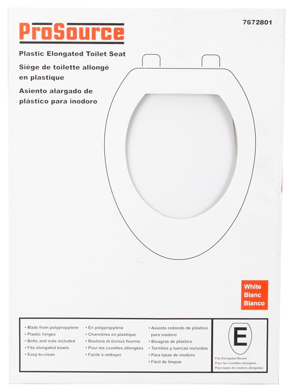 ProSource KJ-873A1-WH Toilet Seat, Elongated, Plastic, White, Plastic Hinge