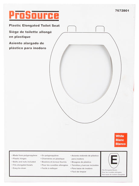 ProSource KJ-873A1-WH Toilet Seat, Elongated, Plastic, White, Plastic Hinge