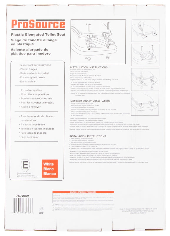 ProSource KJ-873A1-WH Toilet Seat, Elongated, Plastic, White, Plastic Hinge