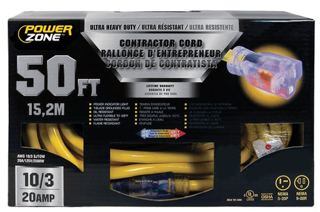 PowerZone ORP711930 Contractor Cord, 10 AWG Cable, 50 L, 20 A, 125 V, Yellow