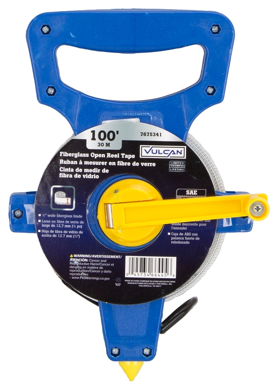 Vulcan JL-TAPEOF100 Tape Measure, 100 ft L Blade, Fiberglass Blade, ABS Plastic Case, Blue Case