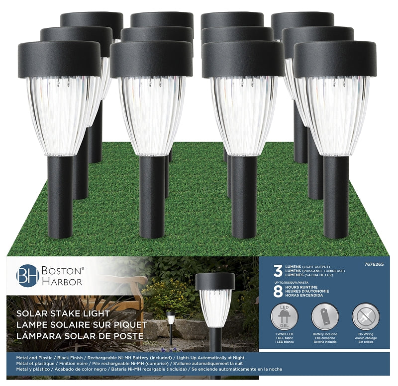 Boston Harbor 27088 Solar Stake Light, Ni-MH Battery, AA Battery, 1-Lamp, LED Lamp, Metal/Plastic Fixture, Black, Pack of 12