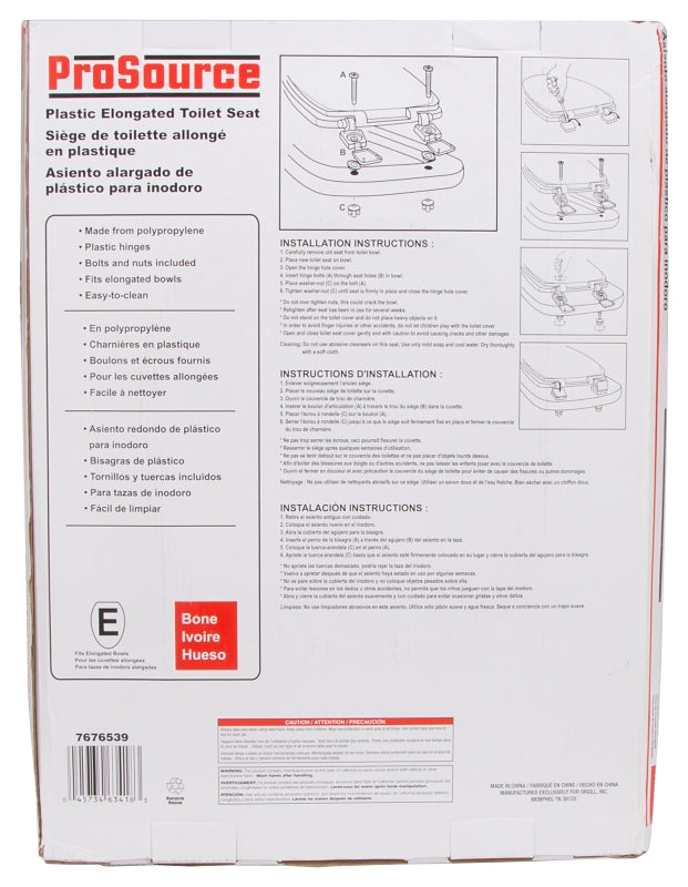 ProSource KJ-873A1-BN Toilet Seat, Elongated, Plastic, Bone, Plastic Hinge