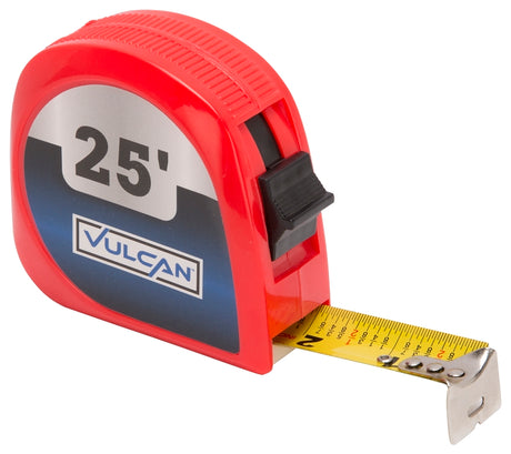 Vulcan 62-7.5X25-R Rule Tape, 25 ft L Blade, 1 in W Blade, Steel Blade, ABS Plastic Case, Red Case, Pack of 24