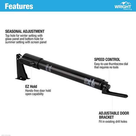 Wright Products V2015BL Pneumatic Screen and Storm Door Closer, 11-1/4 in Dia Rod, 12-3/4 in L, Gloss, 90 deg Opening