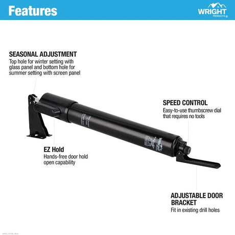 Wright Products V2016BL Pneumatic Storm Door Closer, 11-1/4 in Dia Rod, 12-3/4 in L, Gloss, 90 deg Opening