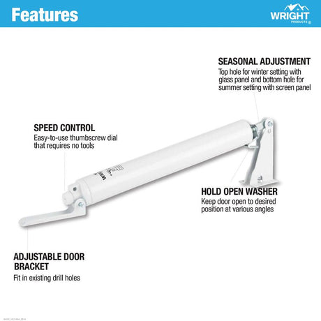 Wright Products V821AWH Pneumatic Closer, 9 in Dia Rod, 10-5/8 in L, Gloss, 90 deg Opening