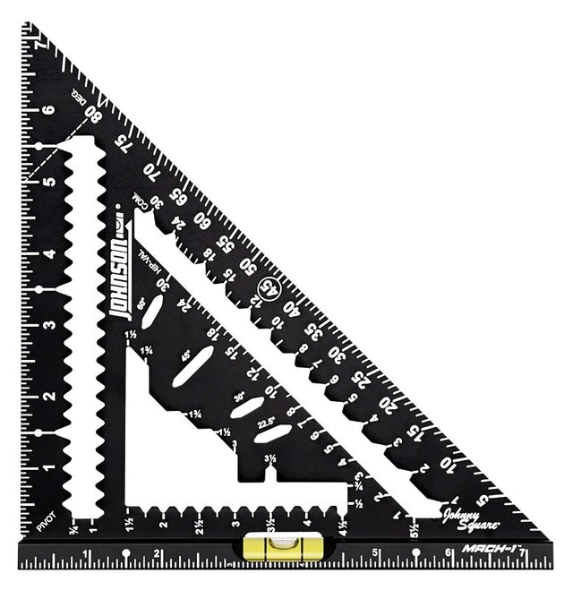 Johnson Johnny Square Series 1904-0700V Rafter Square with Level Vial, 1/16 to 7-1/4 in Graduation, Aluminum, 7-1/2 in W