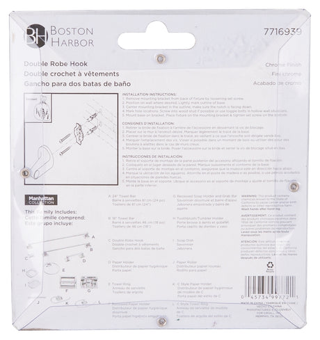 Boston Harbor PBC8503-3L Double Robe Hook, 2-Hook, Zinc, Chrome, Wall Mounting