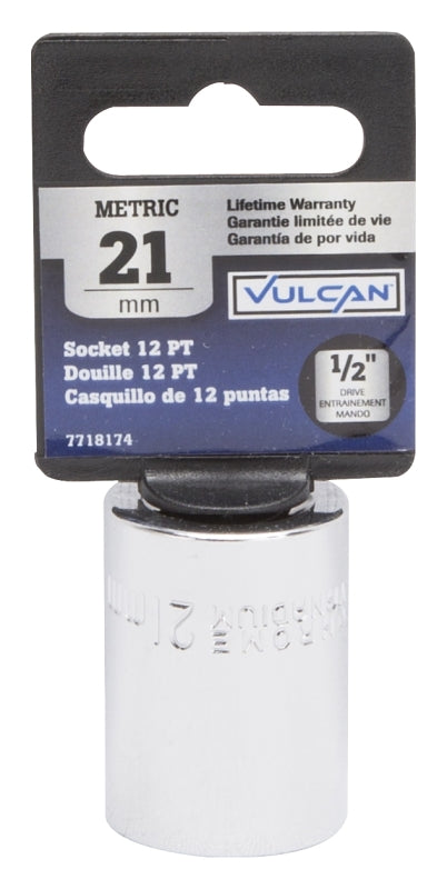 Vulcan MT6531057 Drive Socket, 21 mm Socket, 1/2 in Drive, 12-Point, Chrome Vanadium Steel, Chrome