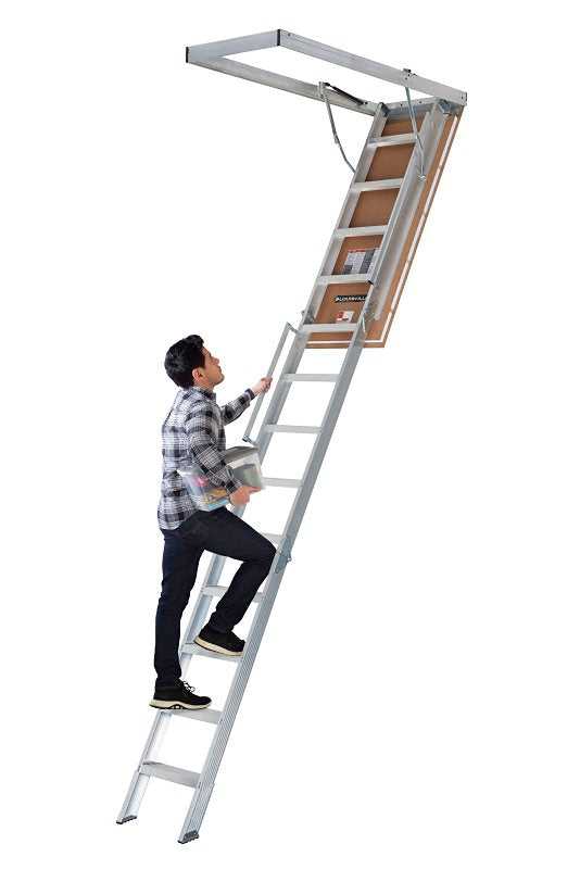 Louisville AL2241LG-R5 Attic Ladder, 10 to 12 ft H Ceiling, 22-1/2 x 63 in Ceiling Opening, 11-Step, 375 lb, Aluminum