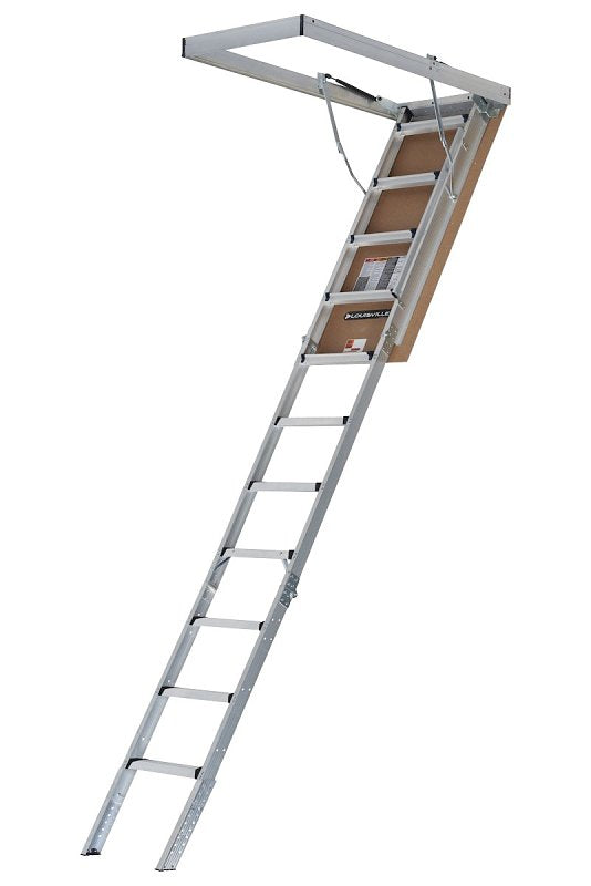 Louisville AL2541MG Attic Ladder, 7 ft 8 in to 10 ft 3 in H Ceiling, 25-1/2 x 54 in Ceiling Opening, 11-Step, 375 lb