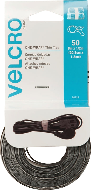 VELCRO Brand One Wrap 90924 Fastener, 1/2 in W, 8 in L, Black/Gray