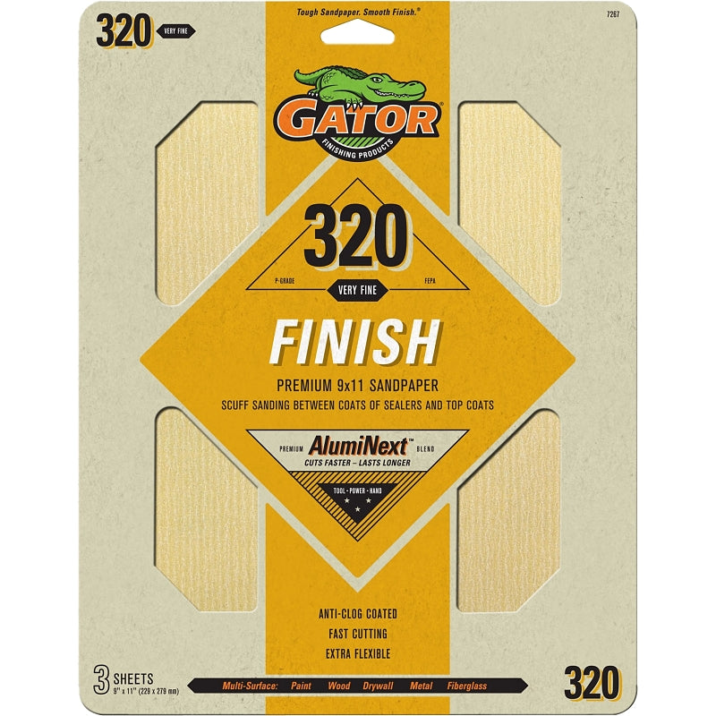 Gator 7267 Sanding Sheet, 11 in L, 9 in W, 320 Grit, Very Fine, Aluminum Oxide Abrasive