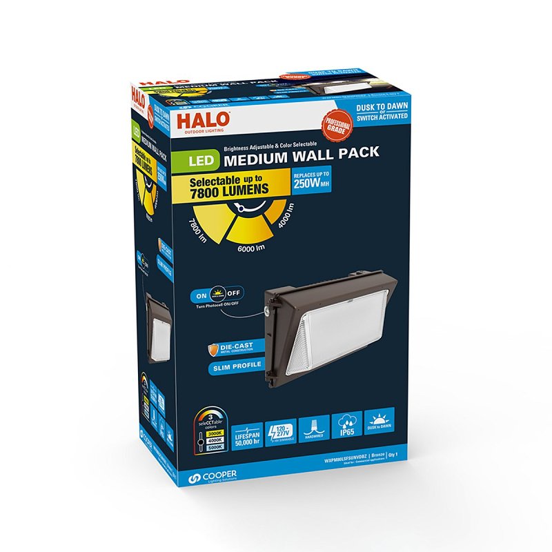 Halo WXP Series WXPM80LSFSUNVDBZ Wall Pack, 60 W, 120/277 V, LED, 7520 Lumens, 5000 K, Aluminum