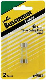 Bussmann BP/MDL-6 Time Delay Fuse, 6 A, 32 V, Glass Body