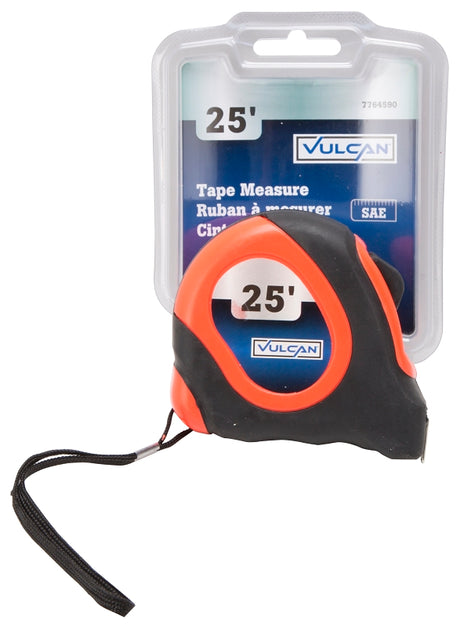 Vulcan 26-7.5X25-R Tape Measure, 25 ft L Blade, 1 in W Blade, Steel Blade, ABS Plastic Case, Orange Case