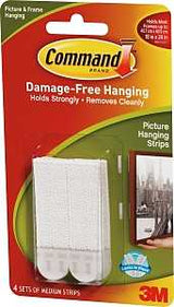 Command 17201-4PK Picture Hanging Strip, 3 lb/set, Foam, White, 2.75 in L x 0.625 in W x 0.1 in H, 4/PK