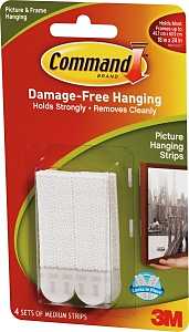 Command 17201-4PK Picture Hanging Strip, 3 lb/set, Foam, White, 2.75 in L x 0.625 in W x 0.1 in H, 4/PK
