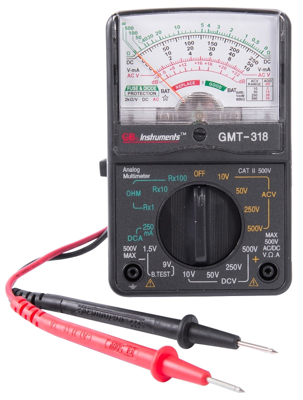 Gardner Bender GMT-318 Multimeter, Analog Display, Functions: AC Voltage, DC Current, DC Voltage, Resistance, Black