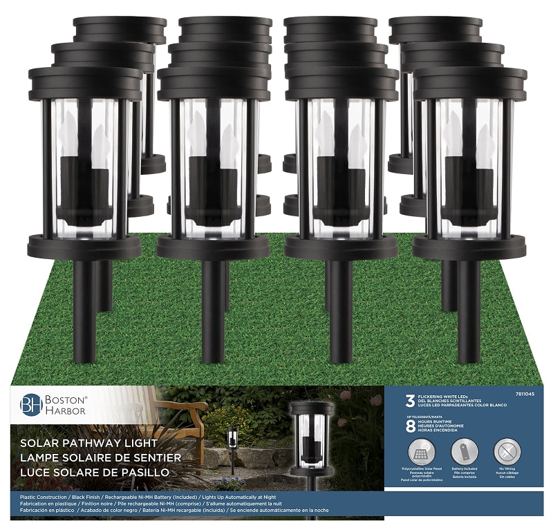 Boston Harbor 27097 Solar Flickering Stake Light, Ni-MH Battery, AA Battery, 3-Lamp, LED Lamp, Plastic Fixture, Black, Pack of 12