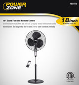 PowerZone SP2-18ARY Stand Fan, 120 V, 0.54 A, 90 deg Sweep, 18 in Dia Blade, 3-Blade, Plastic Blade, Black