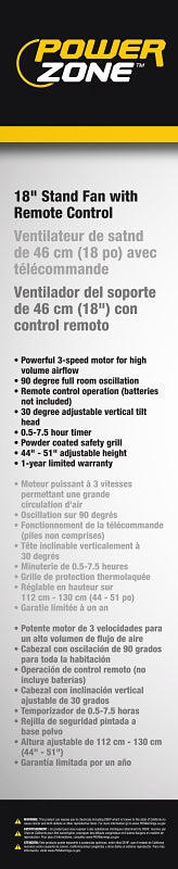 PowerZone SP2-18ARY Stand Fan, 120 V, 0.54 A, 90 deg Sweep, 18 in Dia Blade, 3-Blade, Plastic Blade, Black